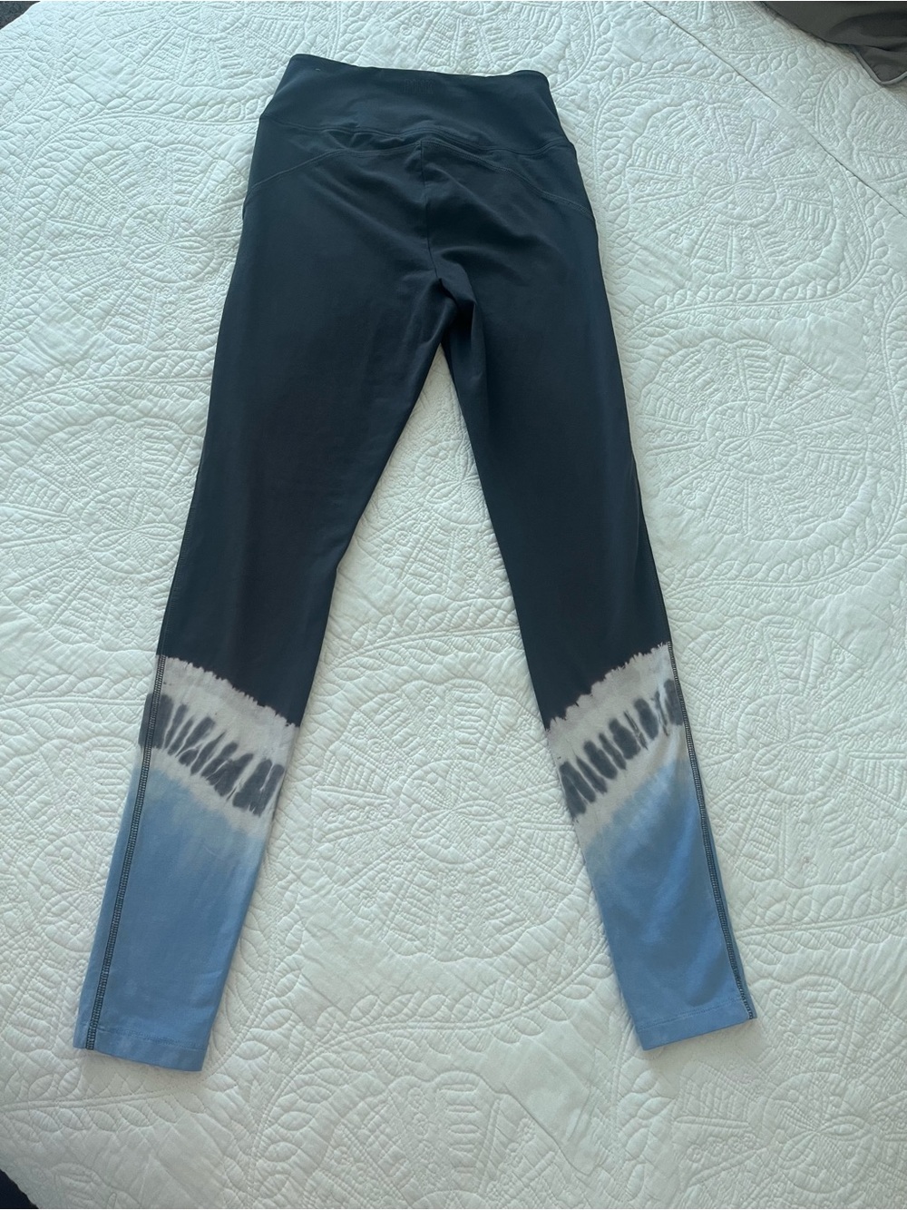 PINK Dark Gray Leggings with Blue Tie-Dye Hem. SMALL
